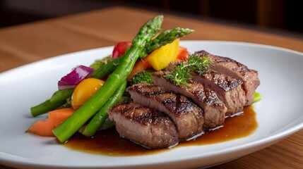 A beautifully plated grilled steak with a colorful assortment of fresh vegetables