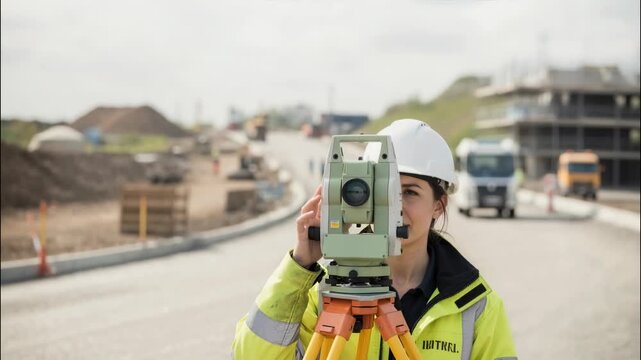 Female surveyor using theodolite total station at construction site. Civil engineer working with professional equipment on infrastructure project