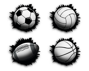 Sport balls set in black and white grunge style. Soccer, american football, volleyball, basketball. Vector template on transparent background © Kiselov