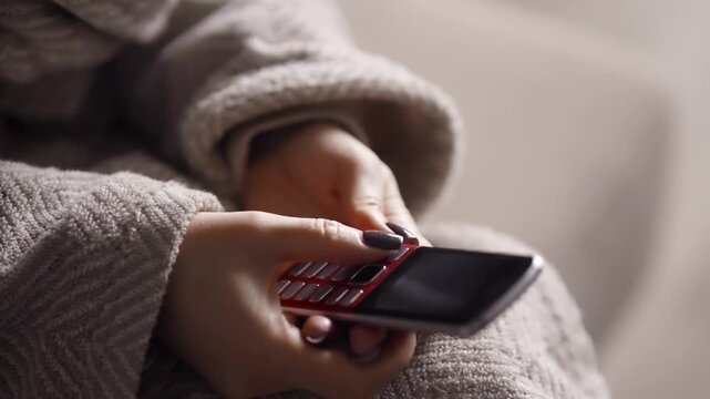 Female Using an Old Flip Phone. Retro Technology and Mobile Communication
