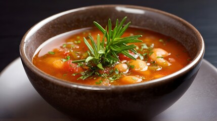 A close up shot of a steaming bowl of hearty vegetable soup garnished with fresh rosemary and parsley served in a rustic ceramic bowl