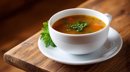 A white bowl of hot hearty vegetable soup garnished with fresh herbs served on a rustic wooden table