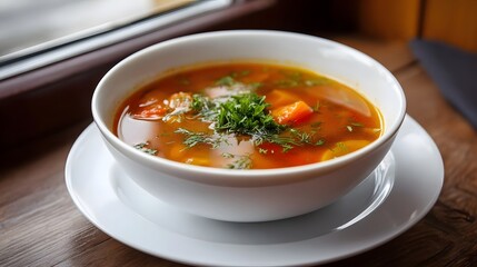 A hearty warm vegetable soup with carrots and fresh herbs in a white bowl set by a window