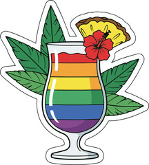 Rainbow Pride Cocktail Vector Sticker - Tropical Summer Drink with Hibiscus and Pineapple