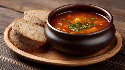 Hearty vegetable soup served with rustic bread slices on a wooden tray