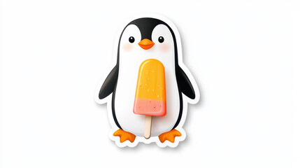 Fototapeta premium Cute anime penguin holding colorful popsicle, perfect for stickers and playful designs. This adorable character brings joy and fun