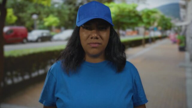 African american woman frowning on urban street in blue cap and shirt; emotional frustration.