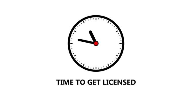 Clock face with the phrase TIME TO GET LICENSED on a bright white background time licensed