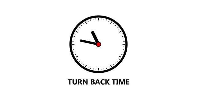 Clock face with the words TURN BACK TIME on a bright white background Keywords: clock, time, turn back time, rewind, past, nostalgia, memory, history, time travel, clock face, dial, hands