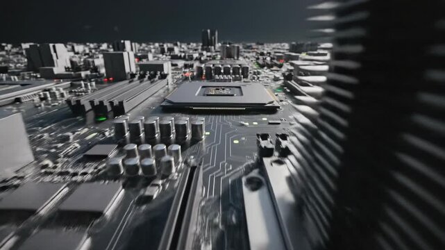 Sweeping low aerial perspective shot flying over the immense landscape of a vast gray server motherboard treating processors and resistors as city structures aerial, landscape, technology