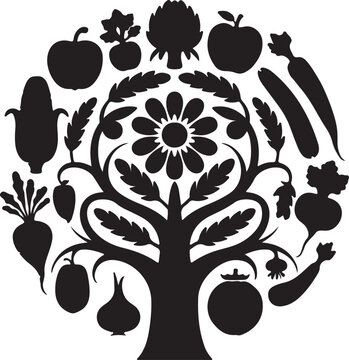 Fruit and vegetable tree silhouette symbol for healthy diet and organic nutrition