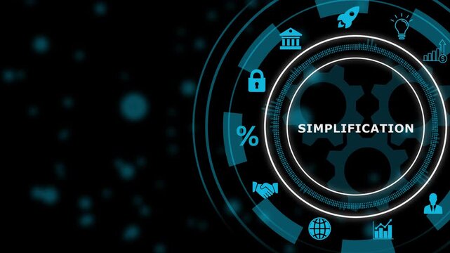 Digital infographic diagram with Simplification text and technology icons on dark background natural language processing, 4k video