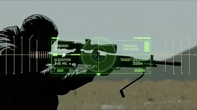 Precision and Technology: Silhouette of a marksman aiming a high-tech rifle with advanced targeting displays, highlighting the fusion of human skill and innovative weaponry.