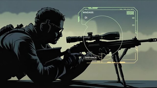 Focused Precision: A skilled marksman in silhouette, intently aiming a high-powered rifle through the scope, embodying focus and expertise.