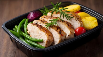 Grilled protein dish with roasted vegetables in a meal prep container