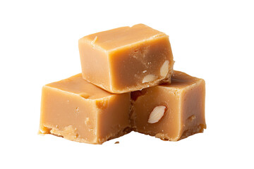 Three light brown squares of fudge, stacked, showing almond pieces inside