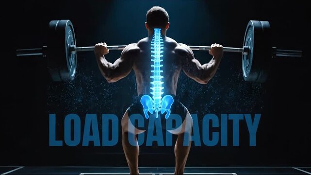 Load Capacity: A powerful image showcases a muscular individual performing a barbell squat, emphasizing the spine's load capacity and physical endurance.