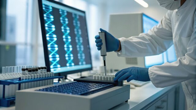 A scientist conducts DNA analysis in a laboratory setting, using advanced technology and equipment for research purposes.