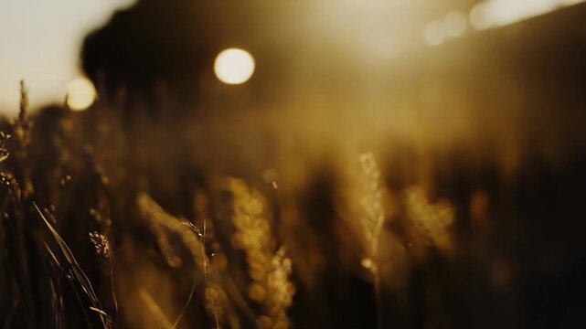 Wild grass panicles catching the warm, golden glow of a setting sun, highlighting the intricate details and creating a serene, natural backdrop during the late afternoon