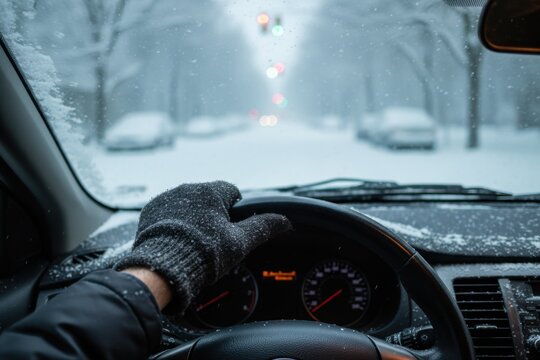 Driver's POV during a snowy winter storm, with a gloved hand on the steering wheel facing a traffic light.