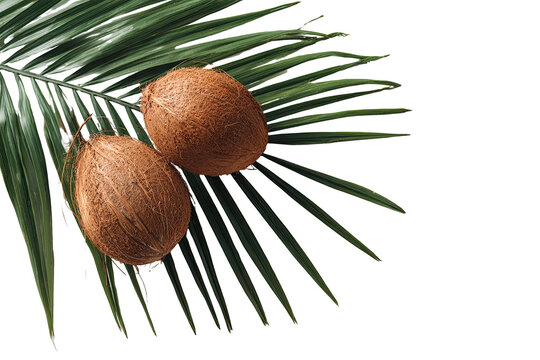 Two coconuts rest atop a vibrant palm frond, set against a stark black background.  The coconuts are a light brown, displaying intricate shell textures.  