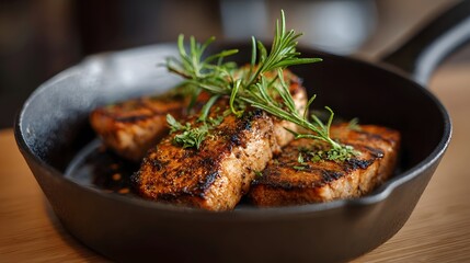 Fototapeta premium Close up of perfectly grilled meat cuts seasoned with fresh rosemary and herbs presented in a dark cast iron skillet highlighting texture and flavor