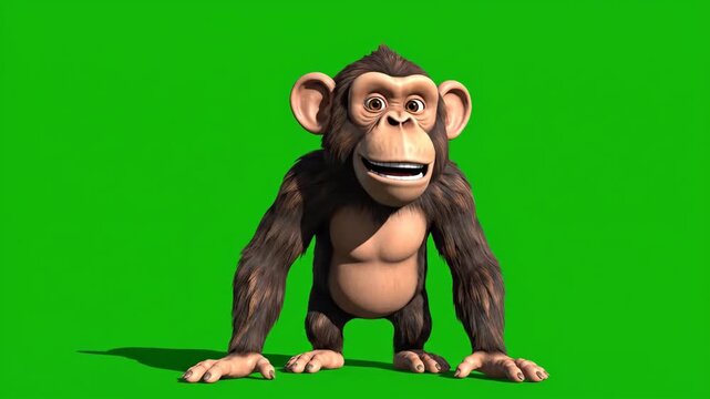 Cartoon Monkey Animated Character on Green Screen Background Posing and Interacting in Playful Way