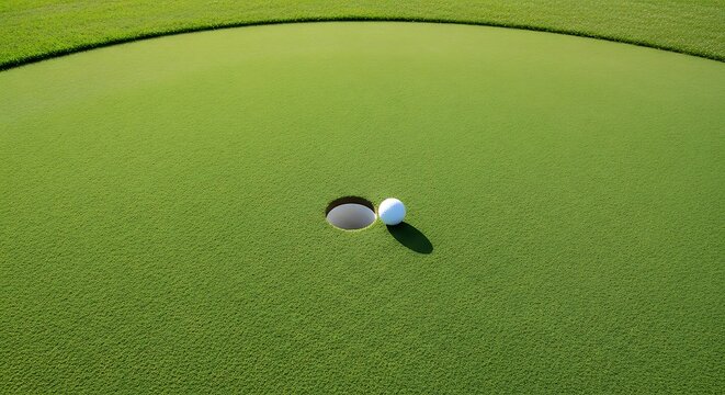 Golf ball rolling into the hole on a green course.