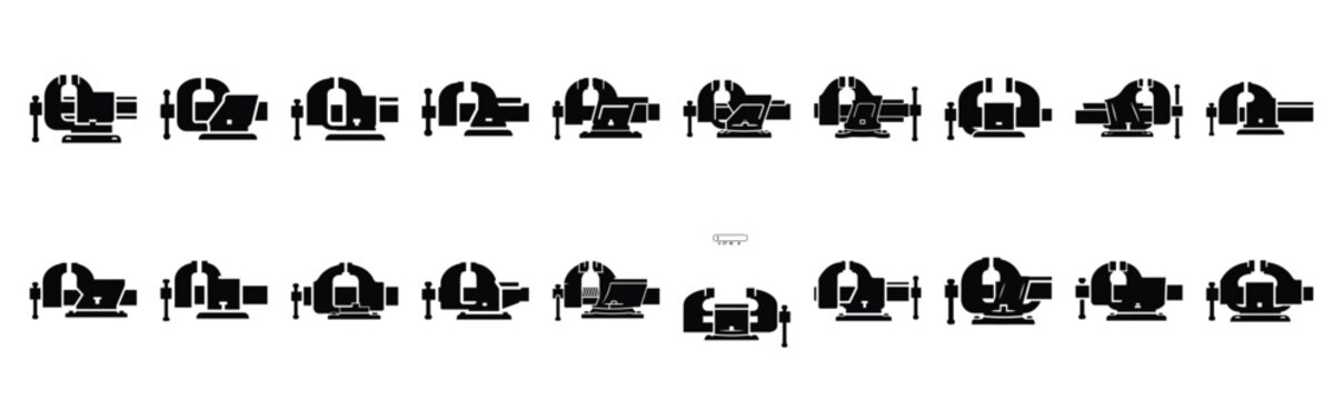 Set of various black silhouette bench vise isolated on white background.