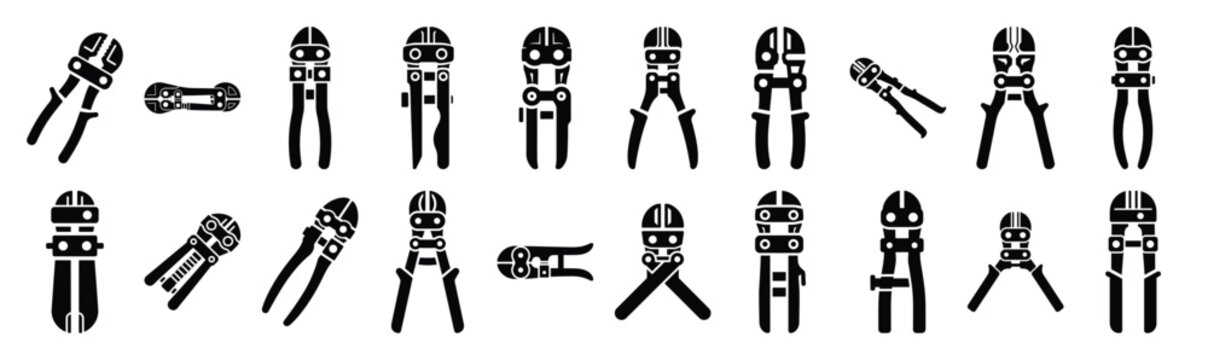 Set of various black silhouette bolt cutter isolated on white background.