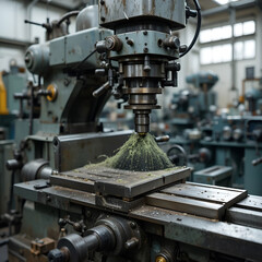 Metal milling machine in operation, showcasing precision cutting, rotating tools, metal shavings, industrial machinery.