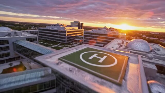 Sweeping aerial drone shot gliding over the sleek modern architecture of a large clean corporate healthcare campus during a vibrant golden hour sunset hospital, sweeping, modern