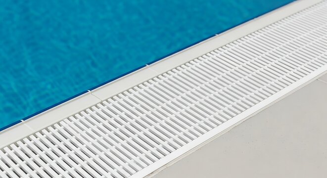 Close-up of a swimming pool edge with clear blue water and white grating.