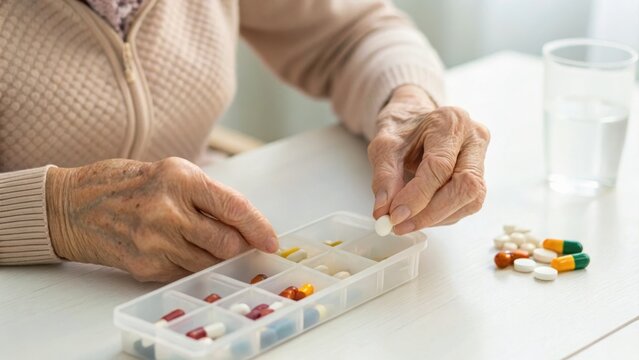 An elderly person organizes medication from a pill organizer, with various pills scattered on the table and a glass of water nearby.