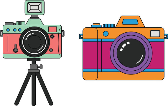 Flat Vector Illustration of Colorful Retro and Professional Cameras Featuring a Tripod and Flash AttachmentFlat Vector Illustration of Colorful Retro and Professional Cameras Featuring a Tripod and Fl