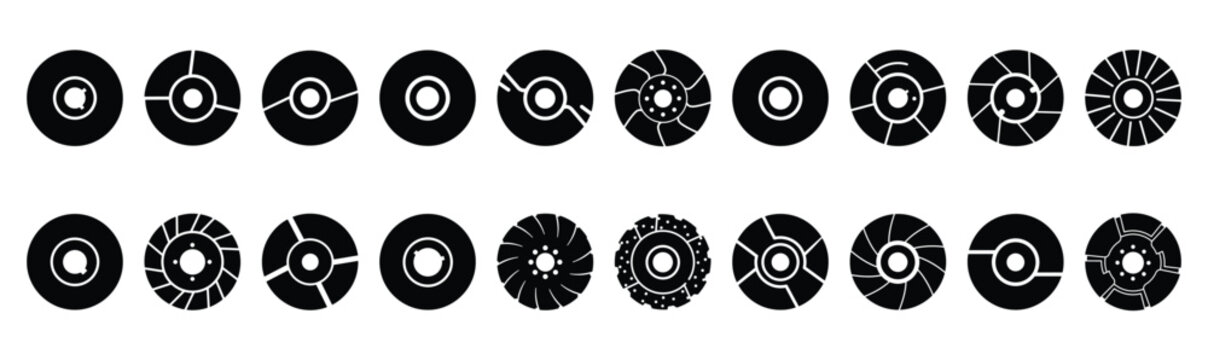Set of various black silhouette grinding disc isolated on white background.