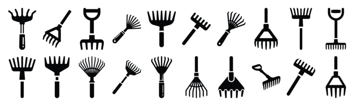 Set of various black silhouette hand rake isolated on white background.