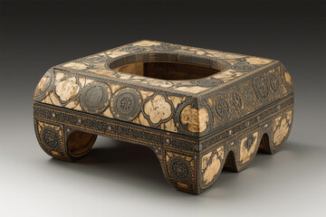 Intricately carved wooden stool with ornate designs and symbols