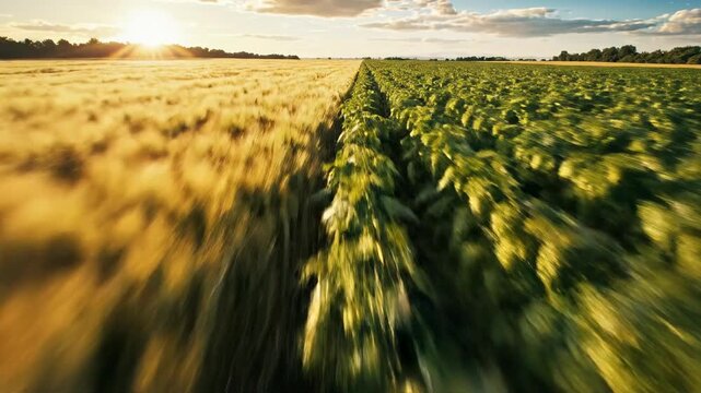 Sweeping cinematic movement simulating an aerial view over a vibrant, stylized landscape composed of golden barley fields adjacent to textured green hop clusters golden, future, fields