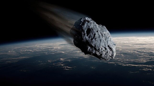 Space threat - huge asteroid. A meteorite flies over the surface of the Earth. The meteorite flies overhead, creating a moment of wonder and excitement for those below.