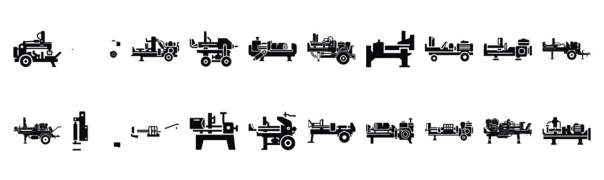 Set of various black silhouette log splitter isolated on white background.