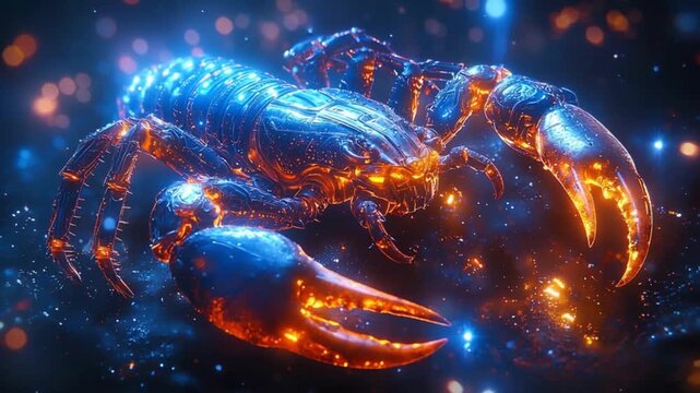 A dynamic, digitally rendered scorpion, ablaze with vibrant blue and orange light, against a dark backdrop of glowing particles.