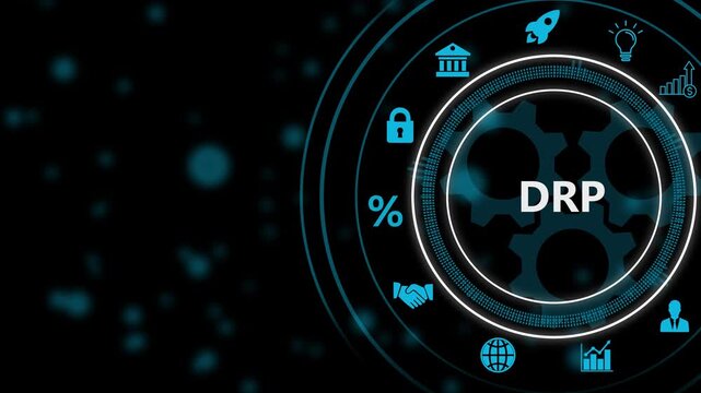 Digital infographic diagram with DRP text and technology icons on dark background natural language processing