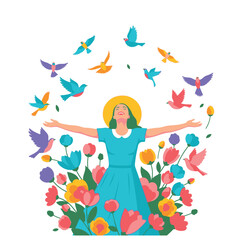 Woman surrounded by flowers and birds in peaceful harmony.
