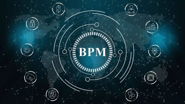 BPM Business process management system technology concept. Abstract technology data connection symbols on a deep cyan color background. 3d illustration