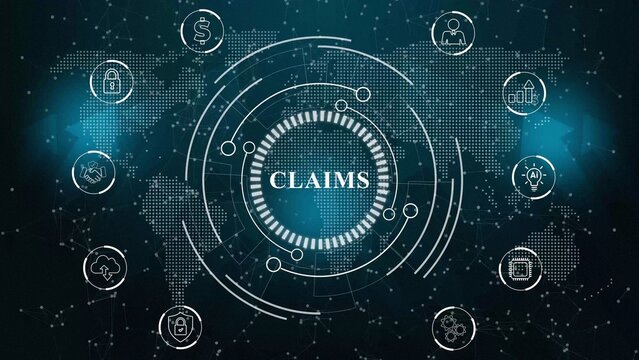 A Claims Business concept on a futuristic ,Blue holographic advanced HUD circle platform glowing dots digital luxurious wave particles. Abstract technology data connection symbols. 3d illustration