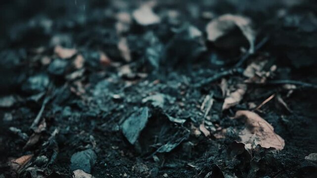 Dark fertile soil textured with dry brown leaves, small rocks and decomposing organic debris, evoking decay, natural cycles and the raw, weathered forest floor