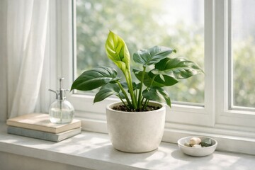 Fototapeta premium Indoor plant on a windowsill with sunlight streaming in.