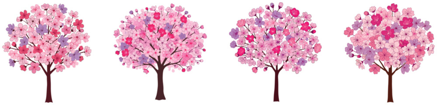 Four pink flowering trees with colorful blossoms on white background.