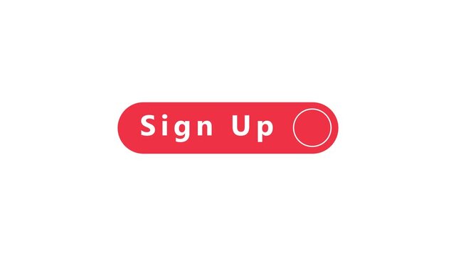 Red rounded rectangle button with the words Sign Up in white text and a circular outline on the right on a white background